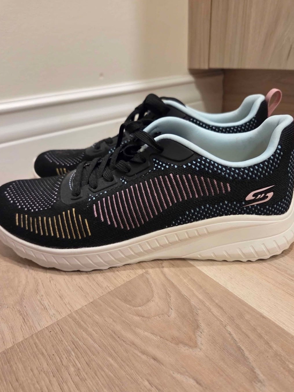 Skechers Black Knit Platform Sneakers with Pink and Gold Accents